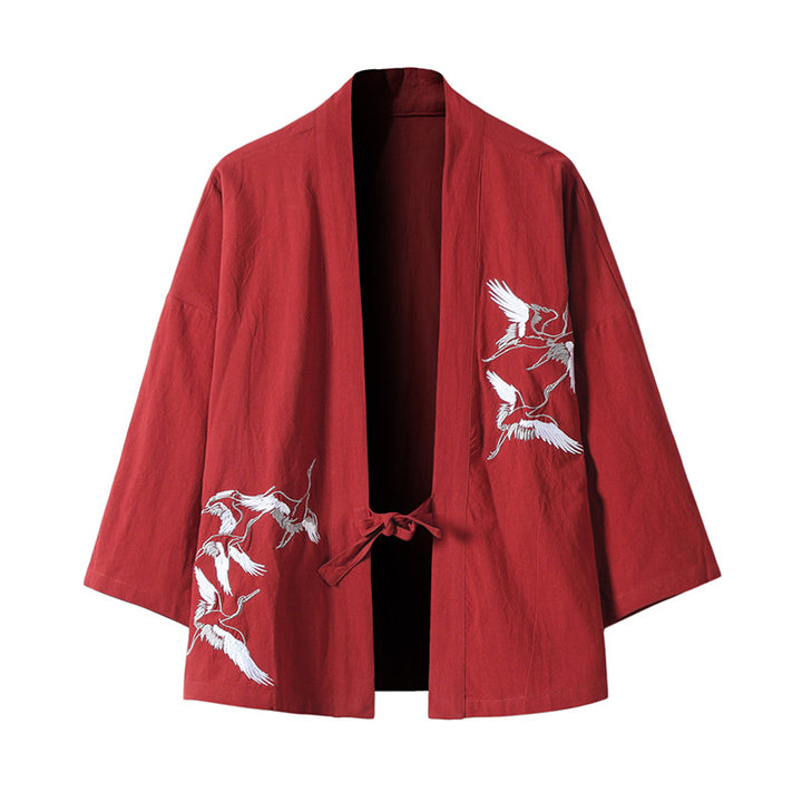 Unisex nan japanisch inspirierte Kimonojacke mit Kranichstickerei und Bindeschließe Echo Archiv