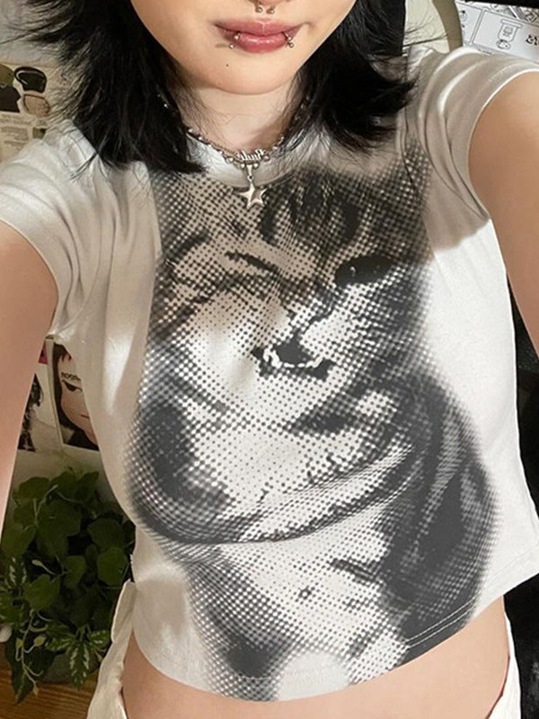 Damen Crop-T-Shirt mit kreativem Katzenmotiv Echo Archiv