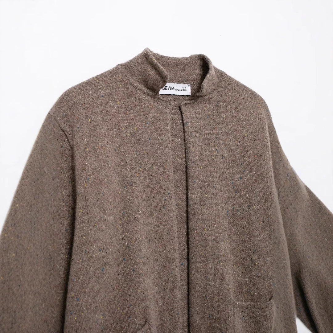 Damen offener Strickcardigan mit Stehkragen und aufgesetzten Taschen – Veloura