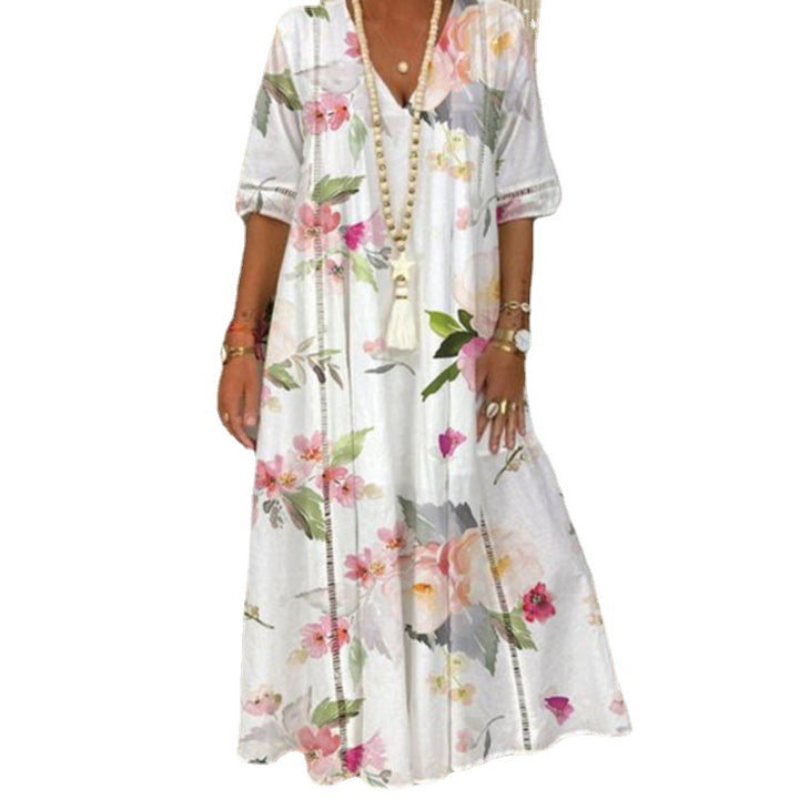 Damen nan locker fließendes Kaftan-Midimaxikleid mit V-Ausschnitt, ajourbesetzten Bahnen und leichter Leinenmisch-Qualität Echo Archiv