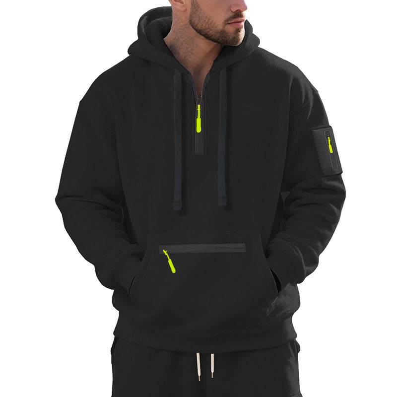 Herren Oversize-Kapuzenpullover mit halbem Reißverschluss, Kängurutasche mit Reißverschluss und Ärmel-Pocket Echoarchiv