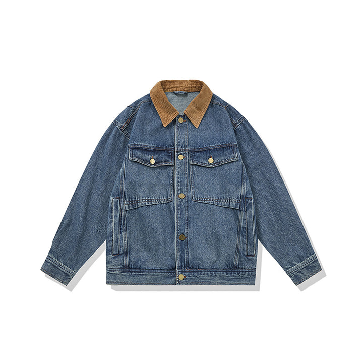 Herren Boxy Denim‑Blousonjacke mit Cordkragen und Multifunktionspattentaschen Echoarchiv