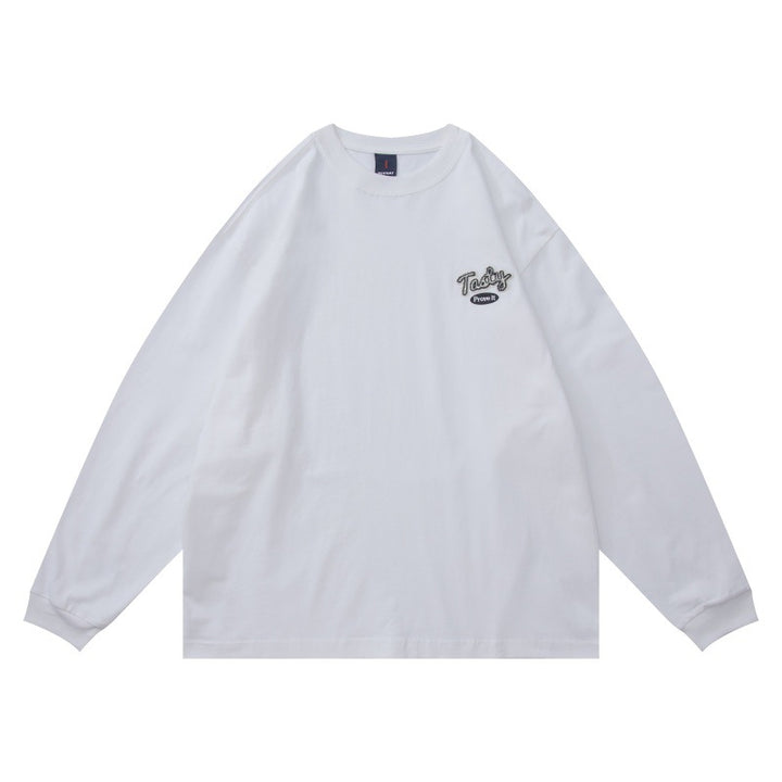 Unisex Oversize-Langarmshirt aus Baumwollmischung mit Bruststickerei und geripptem Rundhals Echoarchiv