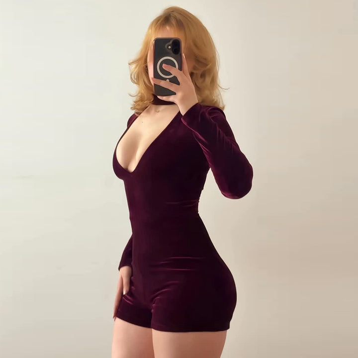 Damen eleganter Jumpsuit mit tiefem V-Ausschnitt und Langarm-Wickeldetail Echo Archiv