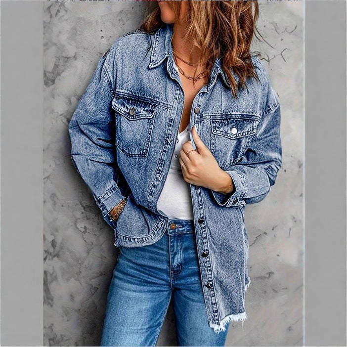 Damen Oversized Denim‑Hemdjacke mit Pattentaschen, Used‑Look und rohem Saum Echo Archiv