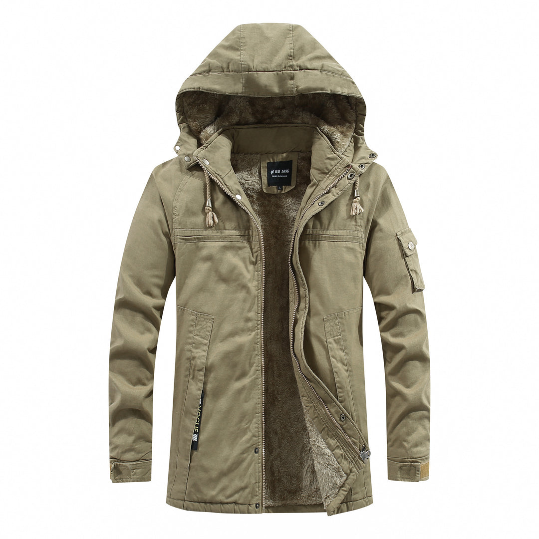 Herren langer Parka mit Teddyfutter, abnehmbarer Kapuze und Utility‑Details Echoarchiv