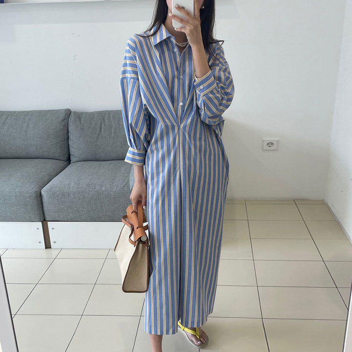 Damen Gestreiftes Hemdblusenkleid Maxi mit verdeckter Knopfleiste und Seitentaschen Echoarchiv