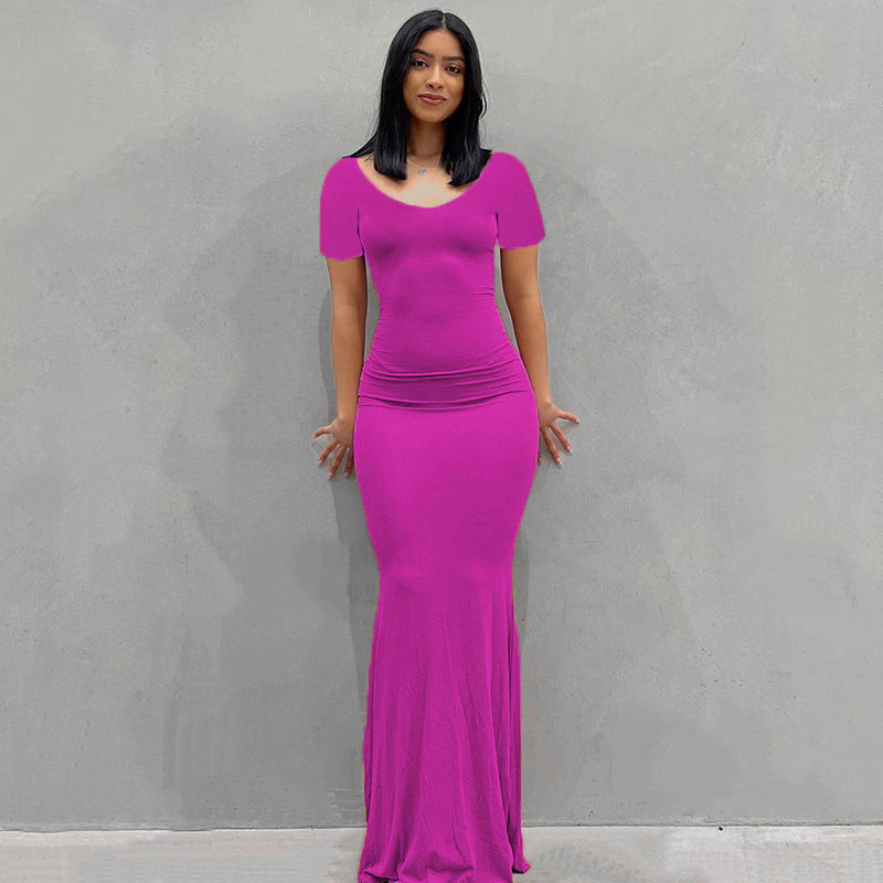 Damen Körperbetontes Maxi‑Jerseykleid mit taillierter Drapierung, langen Ärmeln und ausgestelltem Saum – Valéora