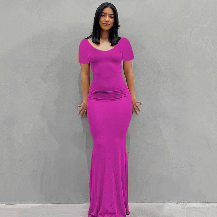Damen Körperbetontes Maxi‑Jerseykleid mit taillierter Drapierung, langen Ärmeln und ausgestelltem Saum – Valéora