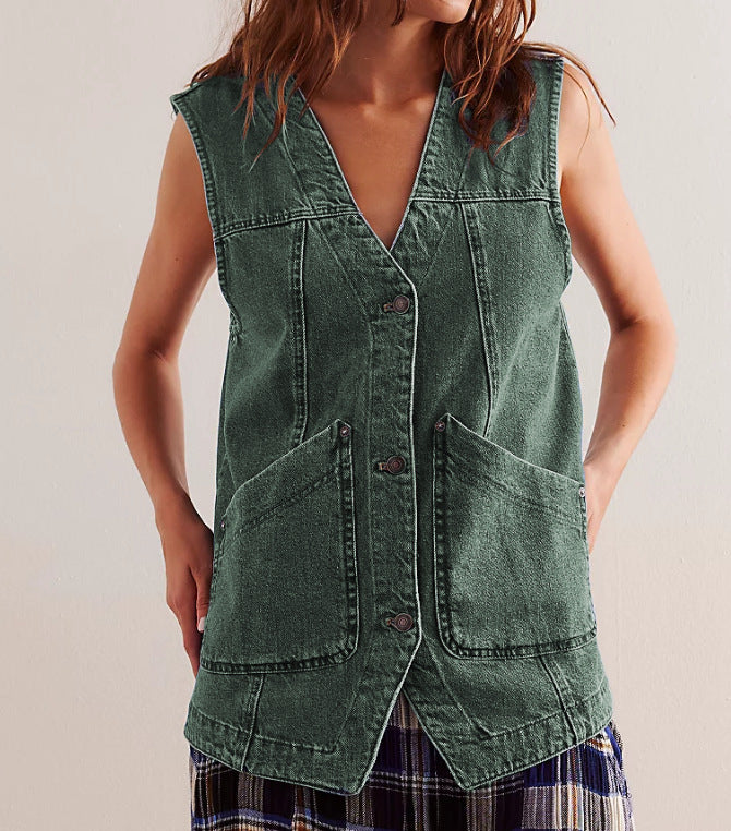 Damen Denim-Latzjacke mit praktischen Taschen und modischem V-Ausschnitt Echo Archiv