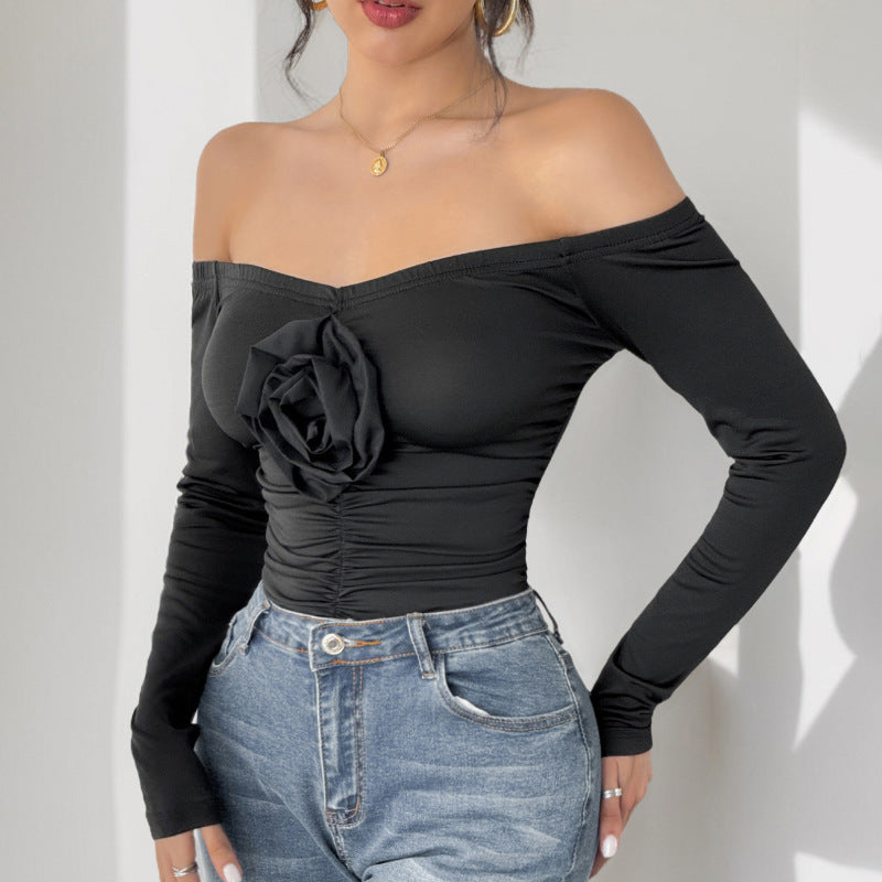 Damen Schulterfreies Longsleeve mit Rosenapplikation und taillierter Raffung Echoarchiv