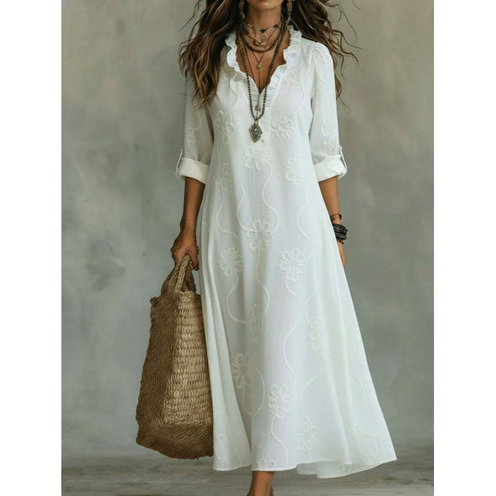 Damen Langes Boho-Maxikleid mit Blumenstickerei und V‑Ausschnitt Echoarchiv