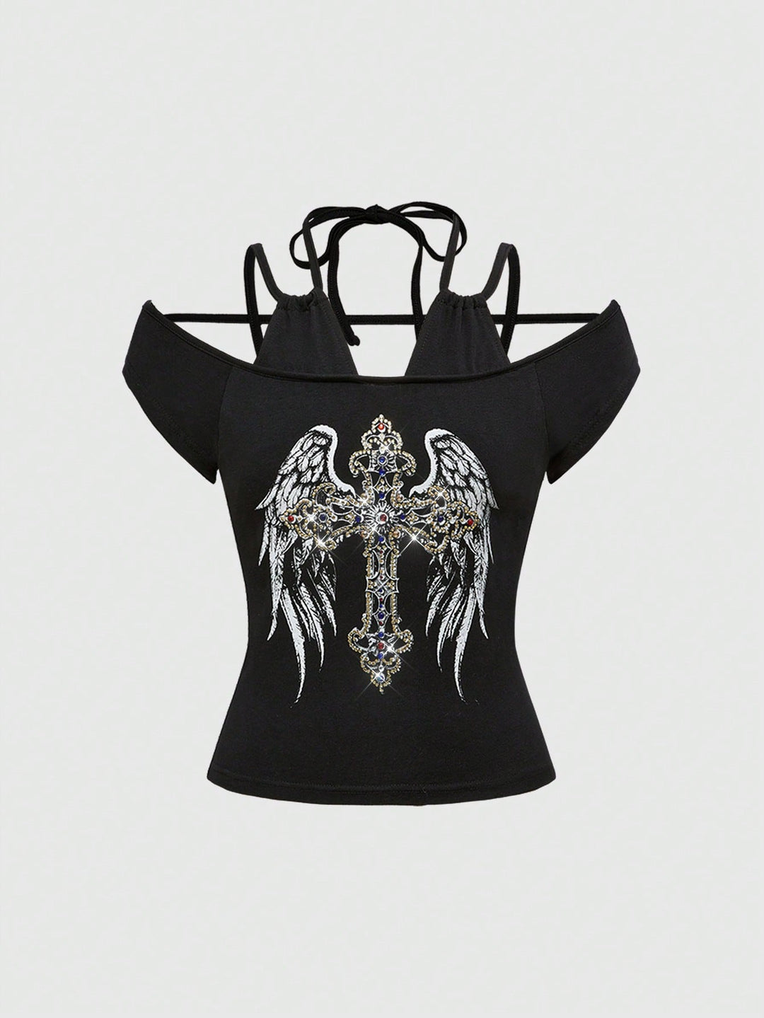 Damen Off-Shoulder Top mit funkelndem Kreuz-Design Echo Archiv