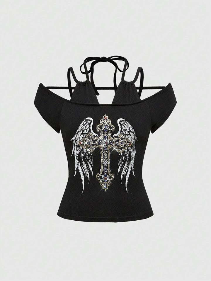 Damen Off-Shoulder Top mit funkelndem Kreuz-Design Echo Archiv