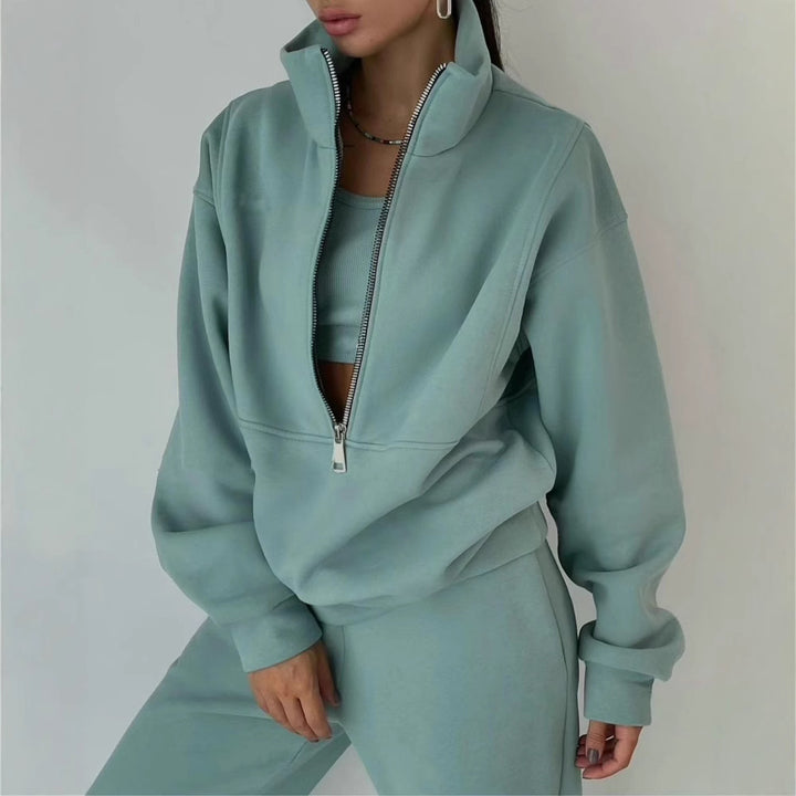 Damen Oversized Halbzip-Sweatshirt mit Stehkragen und passender High-Waist-Jogginghose Echoarchiv