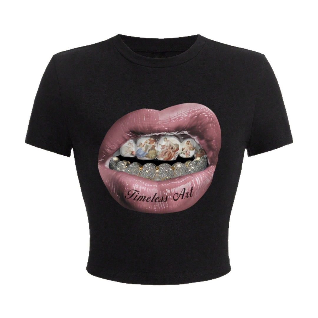 Damen Crop-T-Shirt mit kreativem Grafikdesign und einzigartigem Statement Echo Archiv