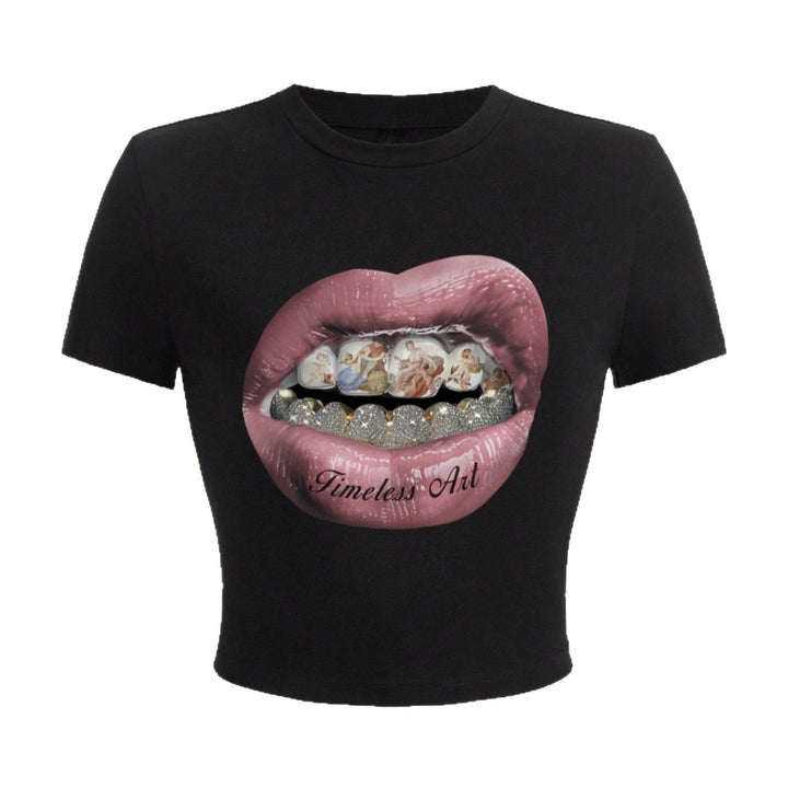 Damen Crop-T-Shirt mit kreativem Grafikdesign und einzigartigem Statement Echo Archiv