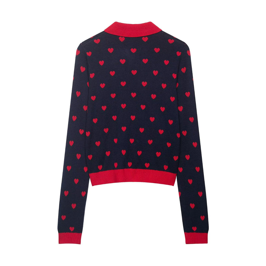 Damen Kurze Strickjacke im Cardigan‑Stil mit Herz‑Jacquard und Reverskragen Echoarchiv