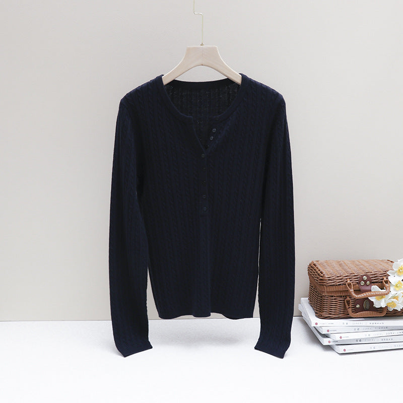 Damen Feines Zopfmuster-Henley-Feinstrickshirt mit Rundhals & Knopfleiste Echo Archiv