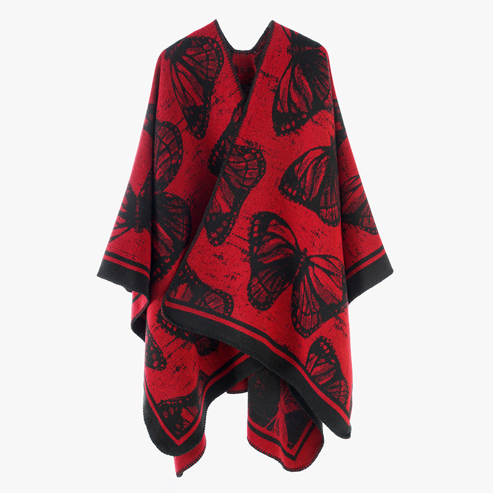 Damen Jacquardstrick‑Poncho mit Schmetterlingsmotiv und asymmetrischem Zipfelsaum – Avérine