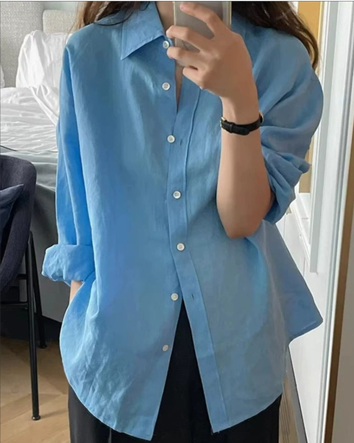 Damen Locker geschnittene Leinen‑Hemdbluse mit kastiger Silhouette und abgerundetem Saum – Élovi