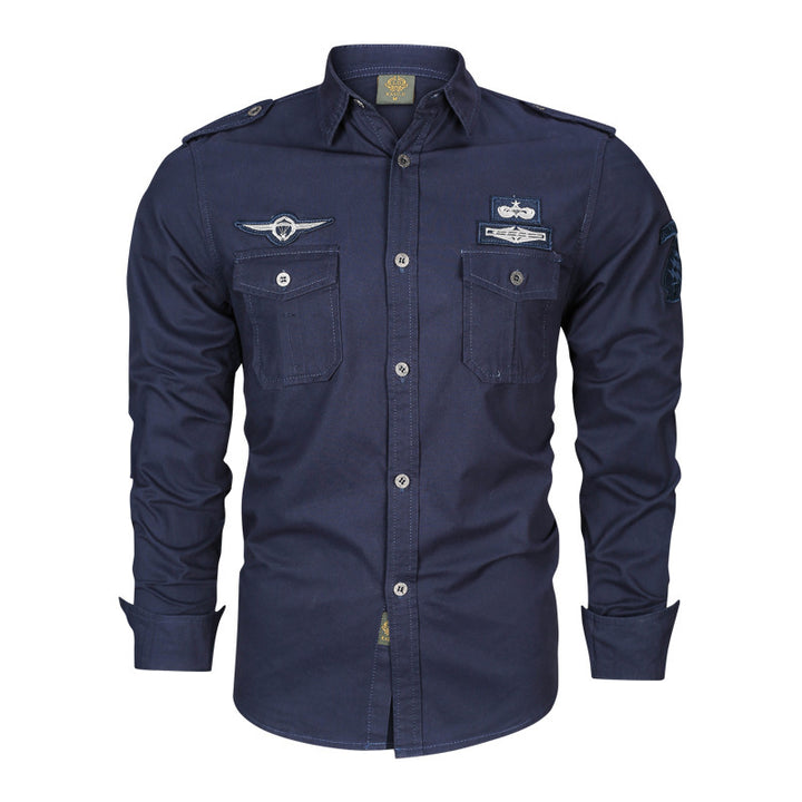 Herren Hemd im Military‑Style mit Schulterepauletten, Brustpattentaschen und Badge‑Applikationen – Arvello