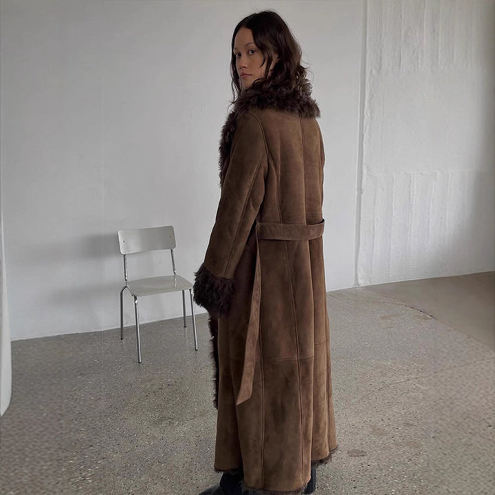 Damen Maxilanger Kunstvelours-Mantel im Shearling-Stil mit Schalkragen und Knopfleiste Echoarchiv