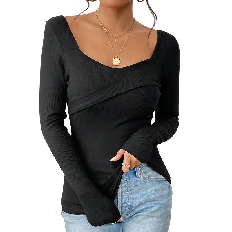 Damen Tailliertes Rippshirt mit quadratischem Dekolleté und Überlappungsdetail Echoarchiv