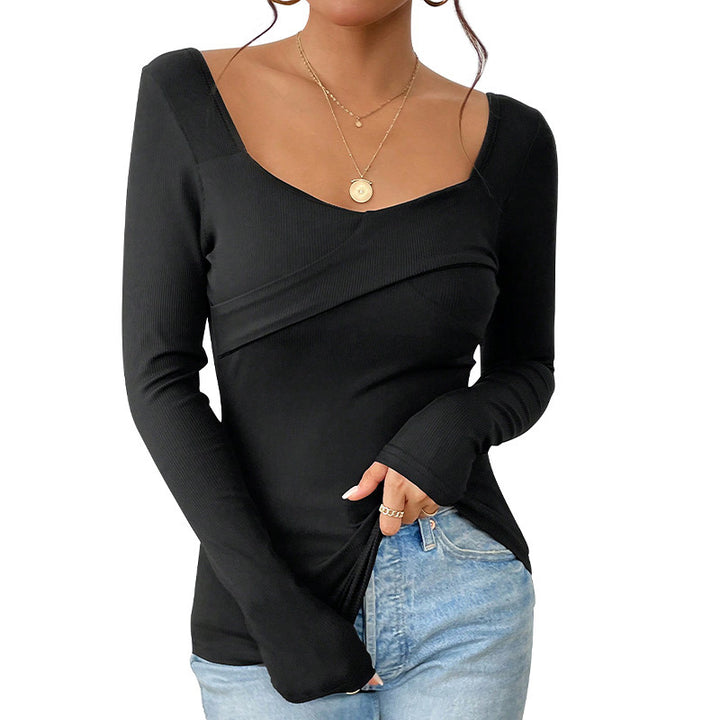 Damen Tailliertes Rippshirt mit quadratischem Dekolleté und Überlappungsdetail Echoarchiv