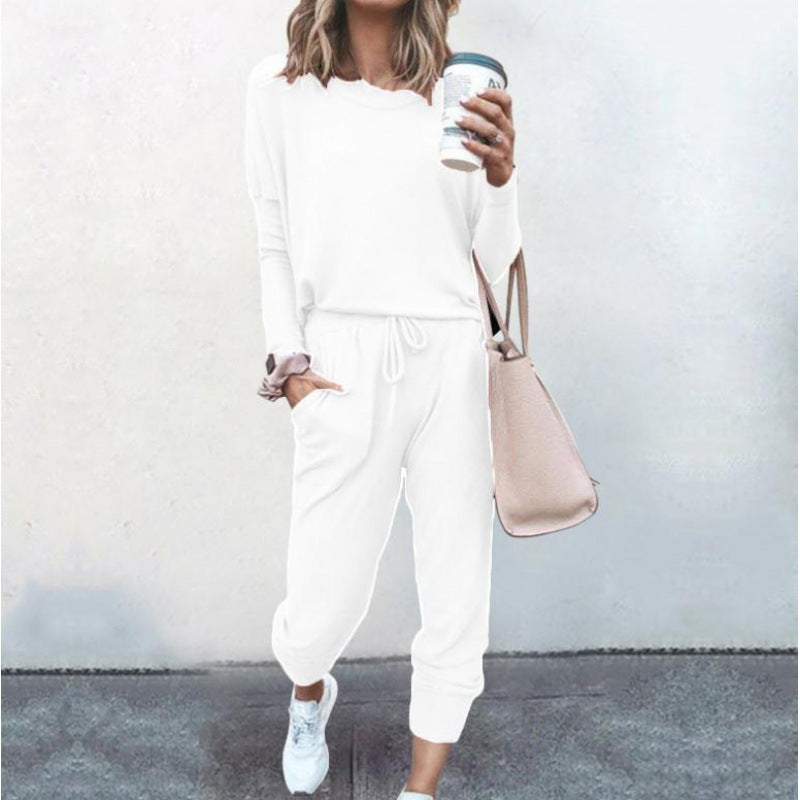 Damen Lässiges Lounge-Set mit Rundhalsausschnitt, Kordelzug-Hose und Bündchen – Élanora