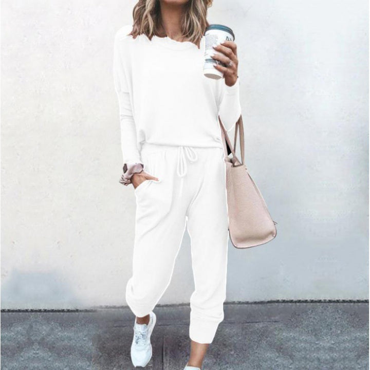 Damen Lässiges Lounge-Set mit Rundhalsausschnitt, Kordelzug-Hose und Bündchen – Élanora