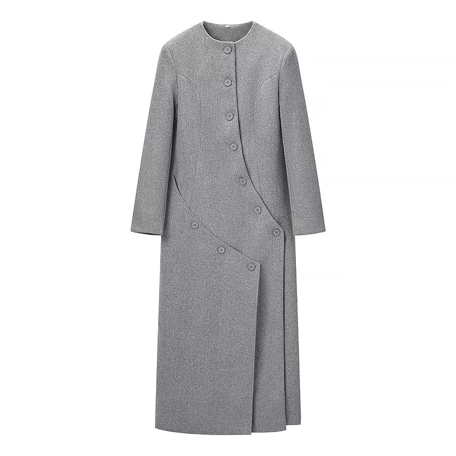 Damen asymmetrischer Maxi-Mantel mit Rundhalsausschnitt und geschwungener Knopfleiste – Montévia