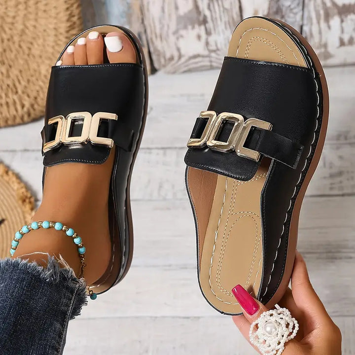 Damen nan Pantolette-Slipper mit goldfarbener Zierkette, ergonomischem Komfortfußbett und genähter Profilsohle Echo Archiv