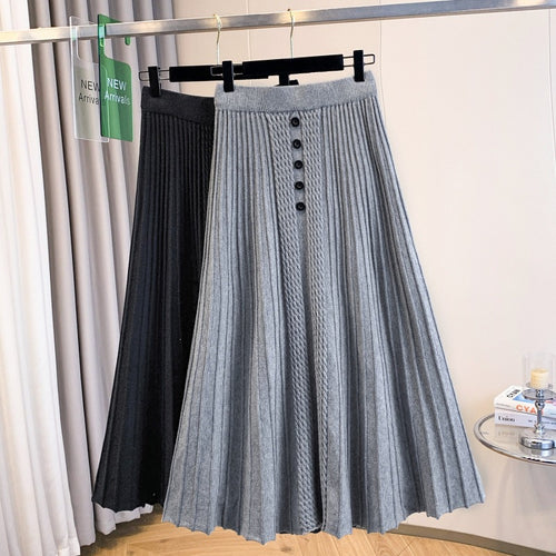 Damen Plissierter Maxirock mit Knopfdetails und feinem Wellenmuster – Valéora