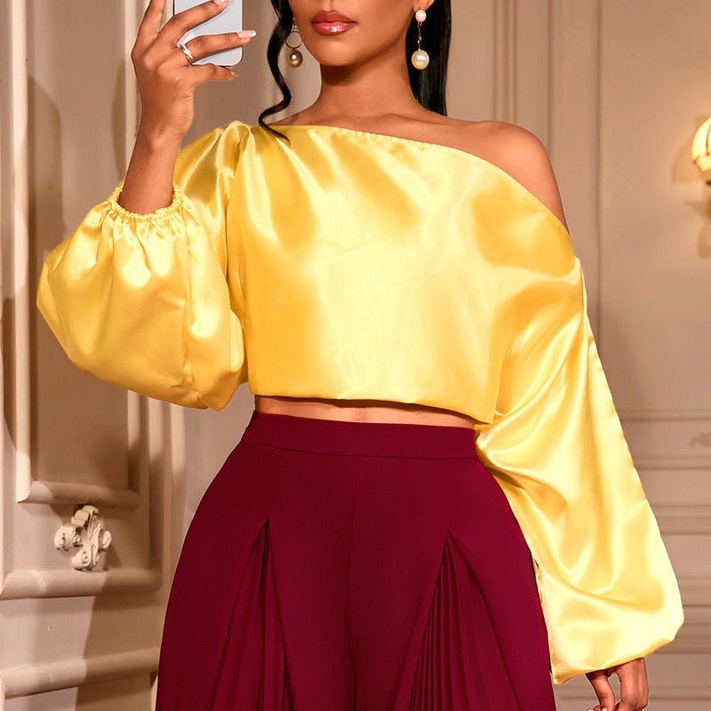 Damen elegantes asymmetrisches Oberteil mit voluminösen Puffärmeln Echo Archiv