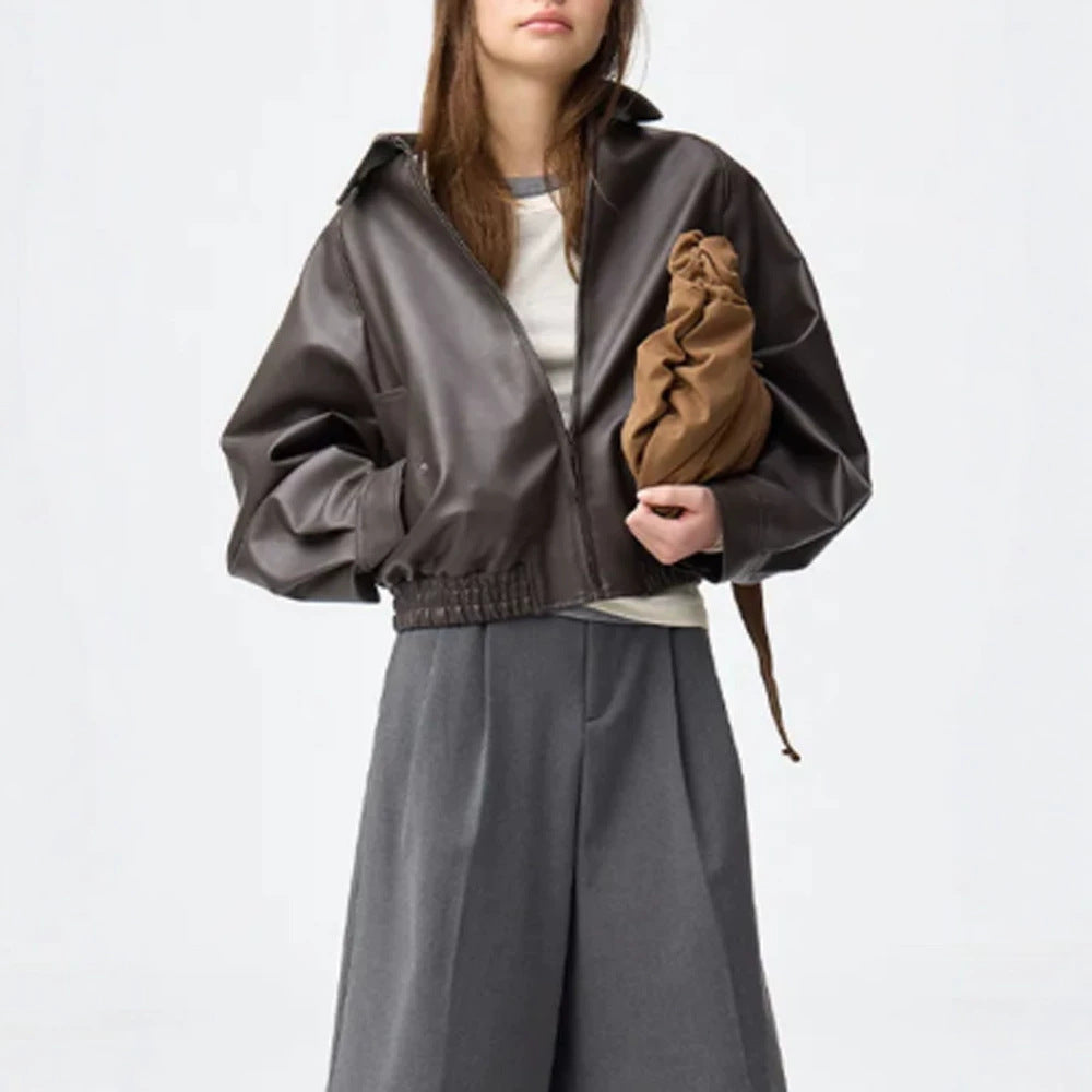 Damen Boxy-Cropped Kunstlederjacke mit verdecktem Reißverschluss und elastischem Saum Echoarchiv