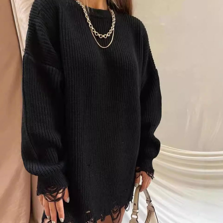 Damen Oversized Strickkleid mit Destroyed-Saum und Ballonärmeln Echoarchiv