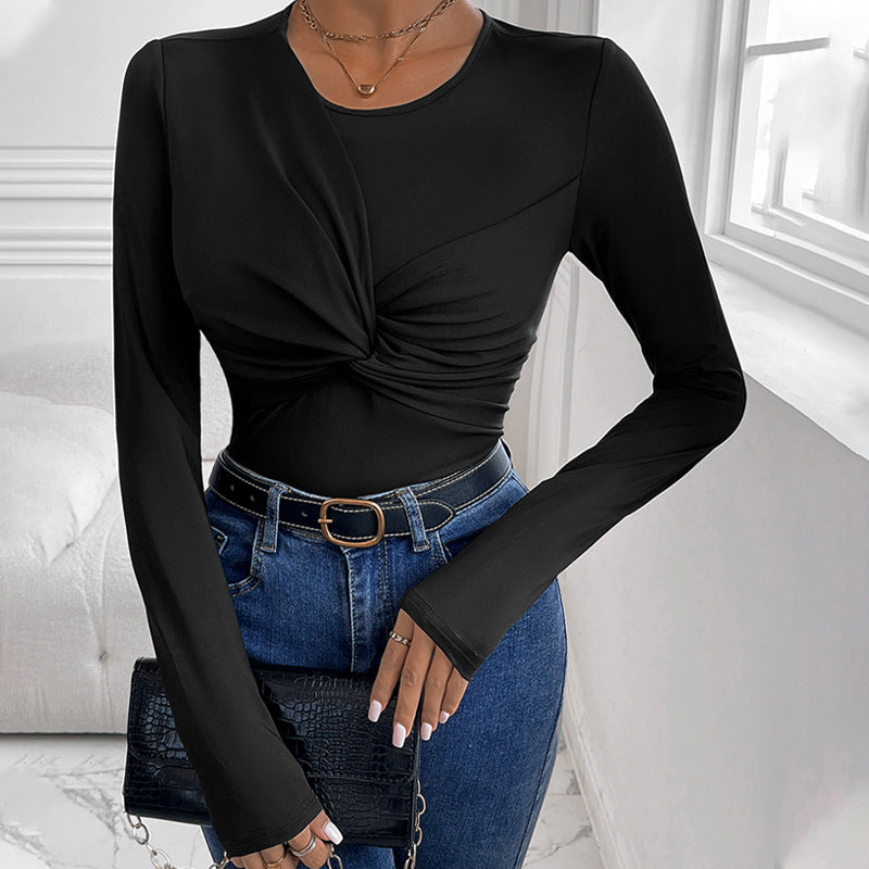 Damen Figurbetontes Twist-Longsleeve mit Knotendetail und Rundhalsausschnitt Echoarchiv
