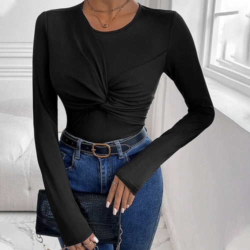 Damen Figurbetontes Twist-Longsleeve mit Knotendetail und Rundhalsausschnitt Echoarchiv