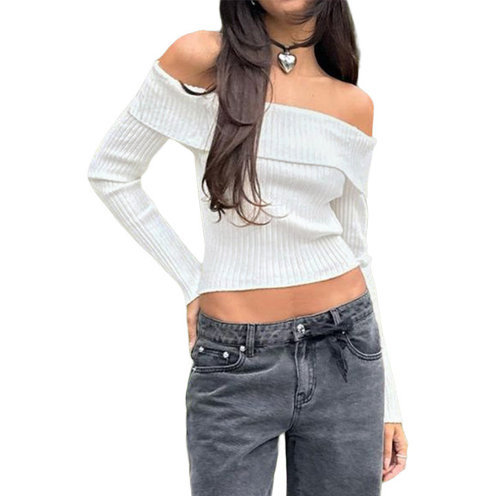 Damen Schulterfreies Rippstrick-Cropped-Top mit taillierter Passform und langen Ärmeln Echoarchiv