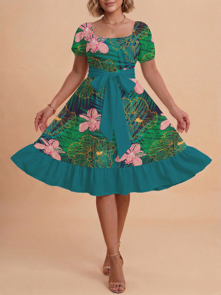Damen Blumenkleid mit taillierbarem Gürtel und voluminösen Ärmeln Echo Archiv