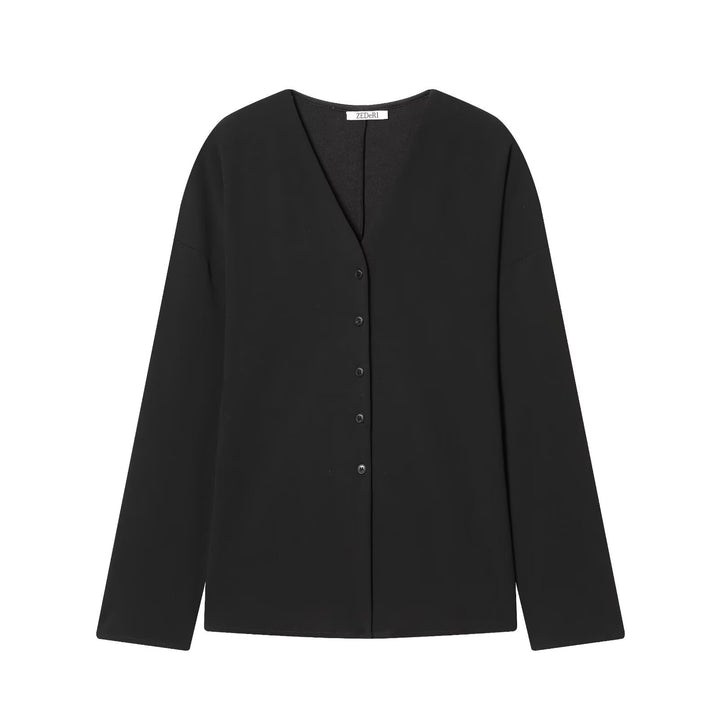 Damen Boxy-Knopfleistenbluse mit V-Ausschnitt und lässiger Oversize-Passform Echoarchiv