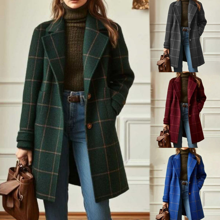 Damen nan karierter Wollmix Mantel mit Reverskragen, aufgesetzten Taschen und taillierter Silhouette Echo Archiv