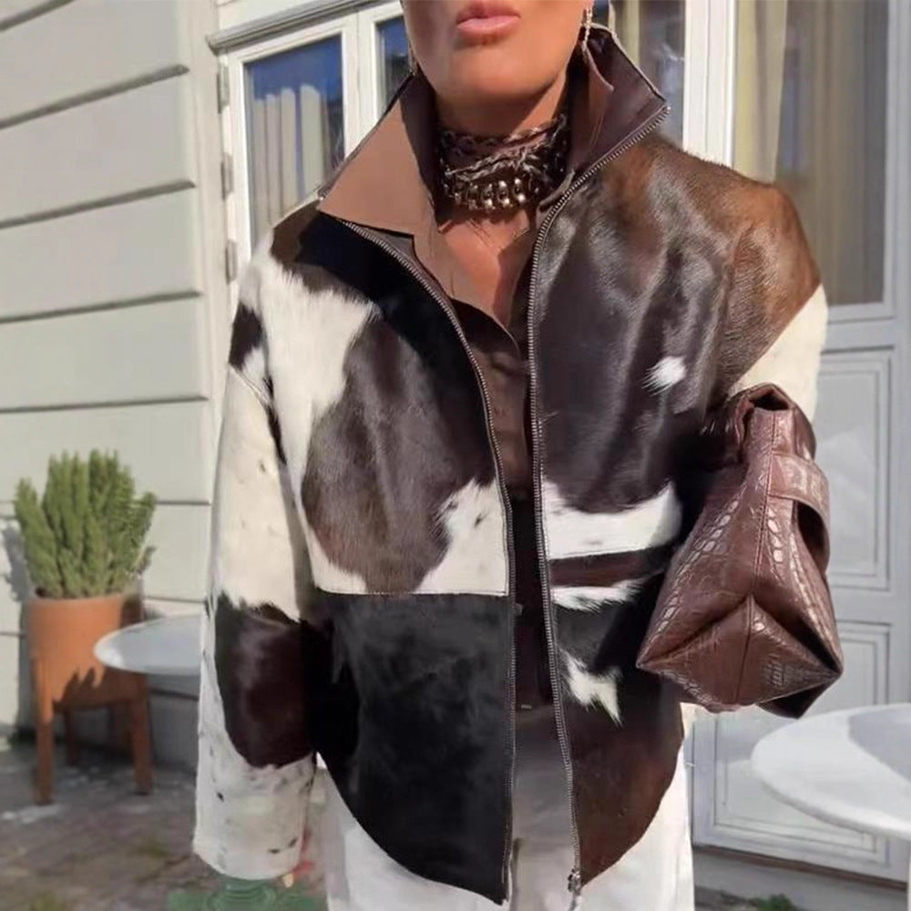Damen Kurzjacke aus Haarigem Kunstfell mit Patchwork‑Optik und hohem Stehkragen Echoarchiv