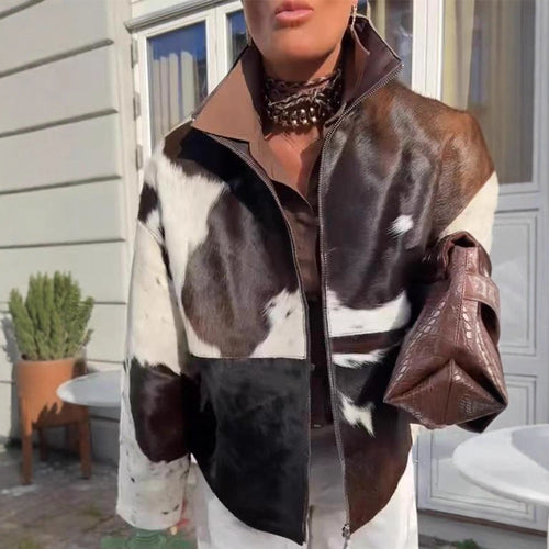 Damen Kurzjacke aus Haarigem Kunstfell mit Patchwork‑Optik und hohem Stehkragen Echoarchiv