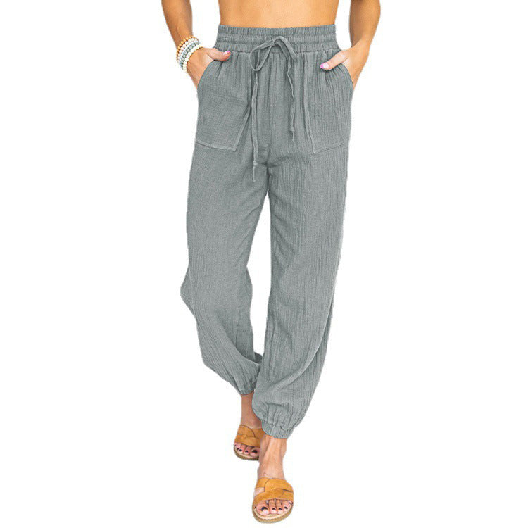 Damen nan leichte Leinenoptik Freizeit-Hose mit hohem elastischem Bund, Kordelzug, aufgesetzten Taschen und elastischen Knöchelbündchen Echo Archiv