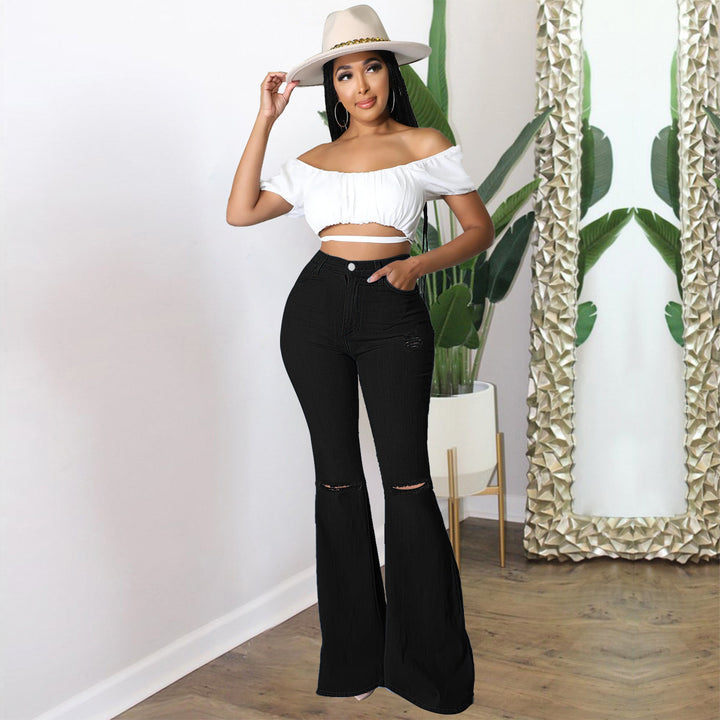 Damen Hochtaillierte Schlaghose aus Stretch‑Denim mit Knieausrissen und formendem Bund Echo Archiv