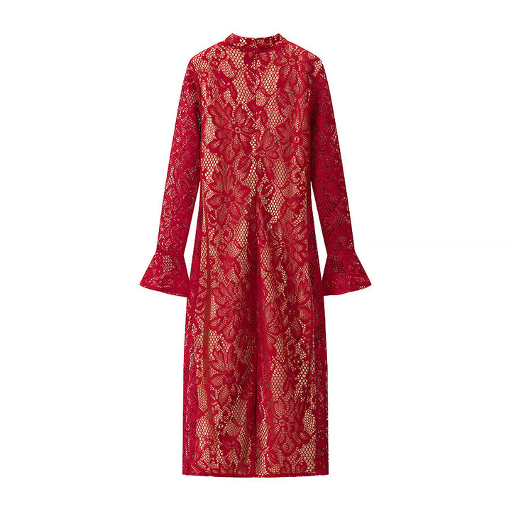 Damen florales Spitzen-Midikleid mit gefüttertem Nude-Unterkleid, Stehkragen, V-Schlitz und Glockenärmeln – Élara
