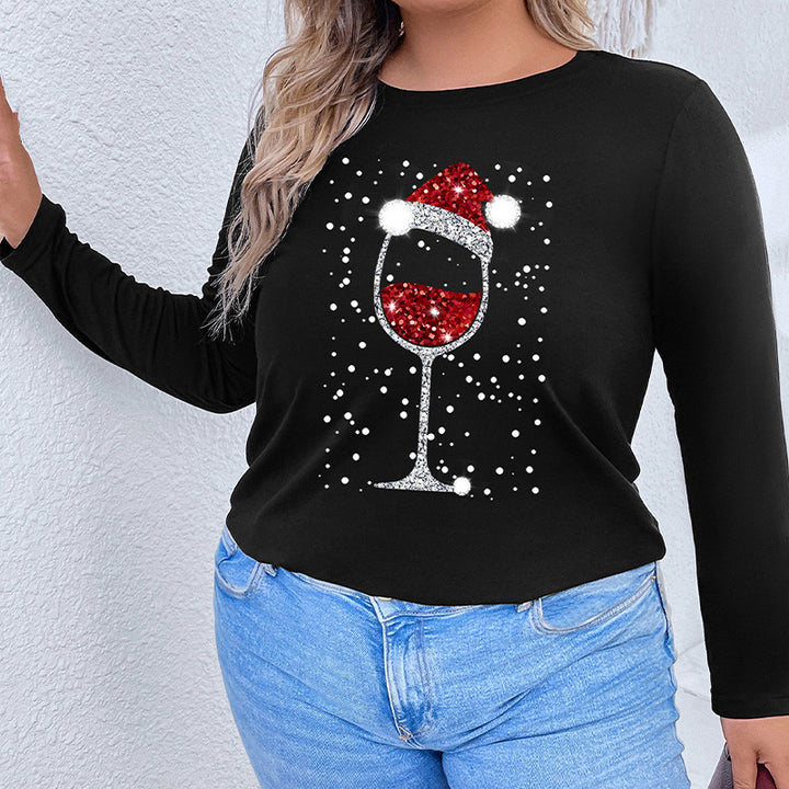 Damen Langarmshirt mit funkelndem Weihnachts-Weinglas-Print Echoarchiv