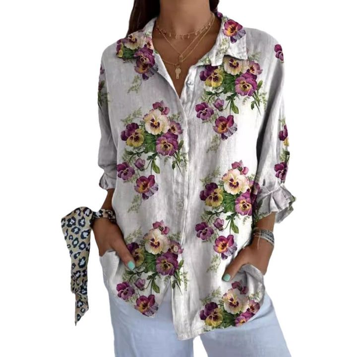 Damen nan leichte Leinenoptik-Hemdbluse mit Blumenmuster, lockerem Schnitt, krempelbaren Ärmeln und Eingrifftaschen Echo Archiv